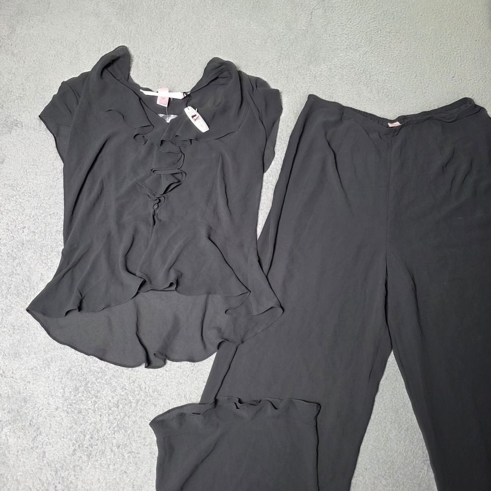 Victoria's Secret Womens M 2pc Set Black Ruffle High Low Top Wide Leg Pants